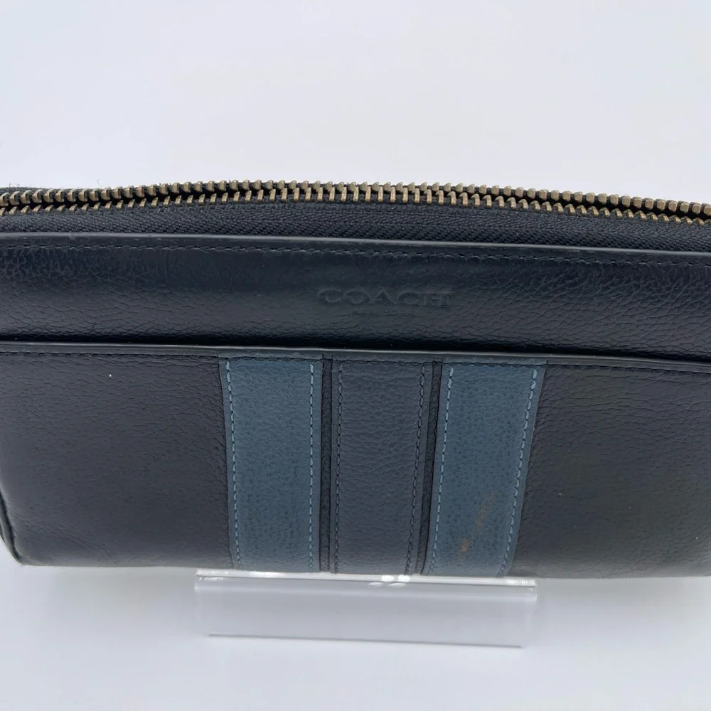 Coach Black and Blue Leather Wallet with Modern Stripes